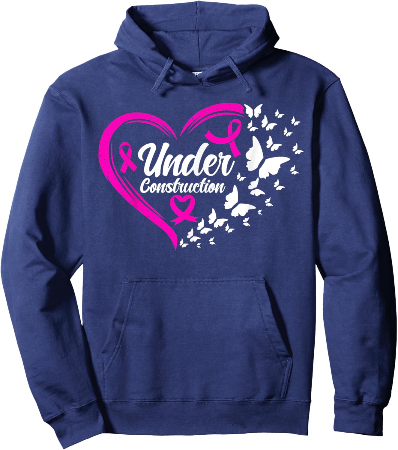 Under Construction Butterfly Pink Breast Cancer Awareness Hoodie - Hoodie | Navy
