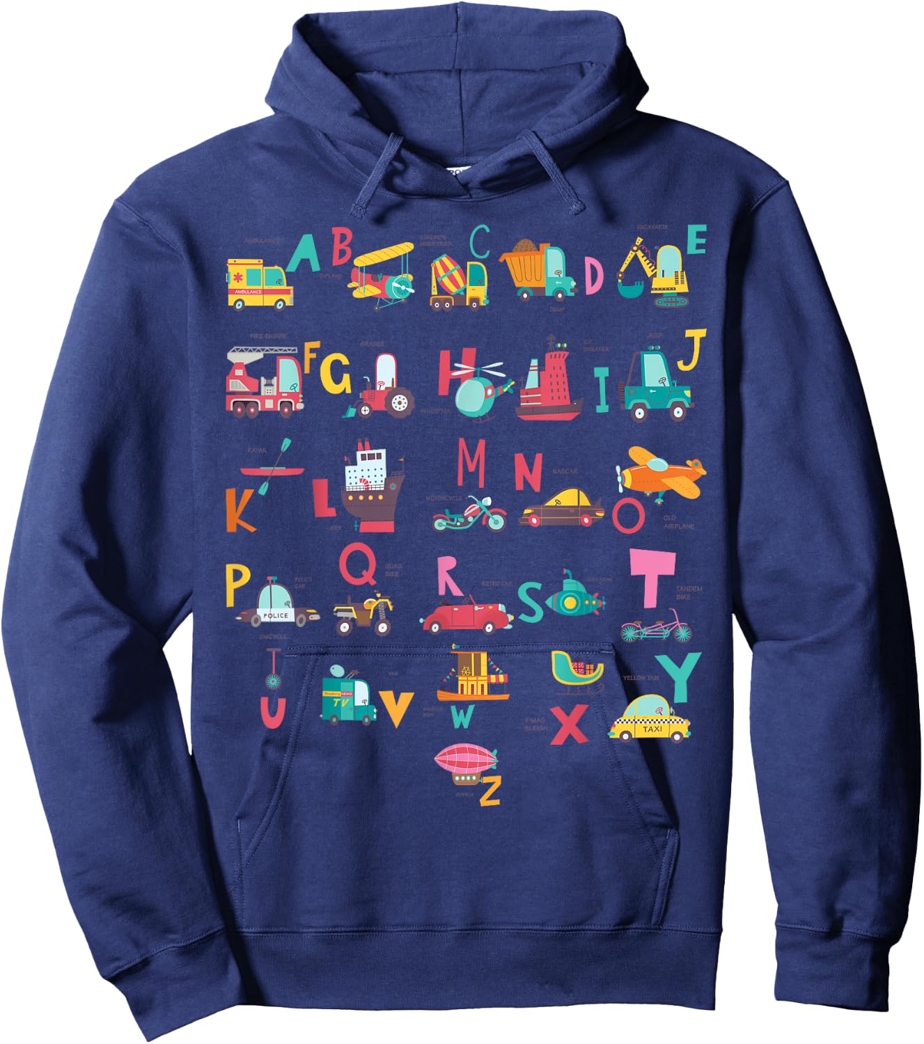 Ambulance Excavator Helicopter Truck Vehicles ABC Toddler Hoodie - Hoodie | Navy