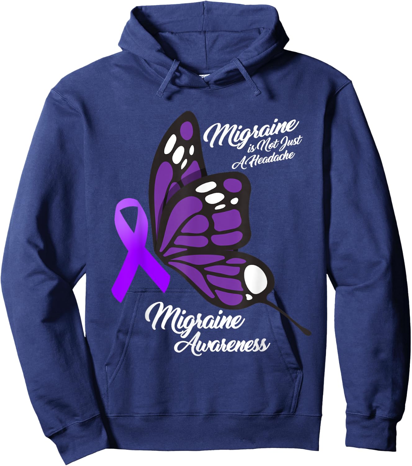 Migraine Awareness Not Just Headache Purple Ribbon Butterfly Hoodie - Hoodie | Navy