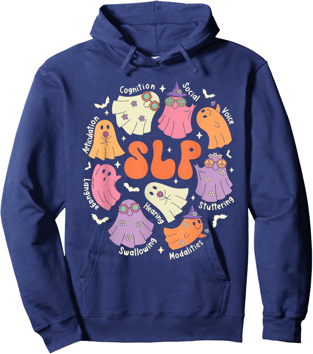 Cute Ghost Friends Halloween AAC SLP Squad Speech Language Hoodie - Hoodie | Navy
