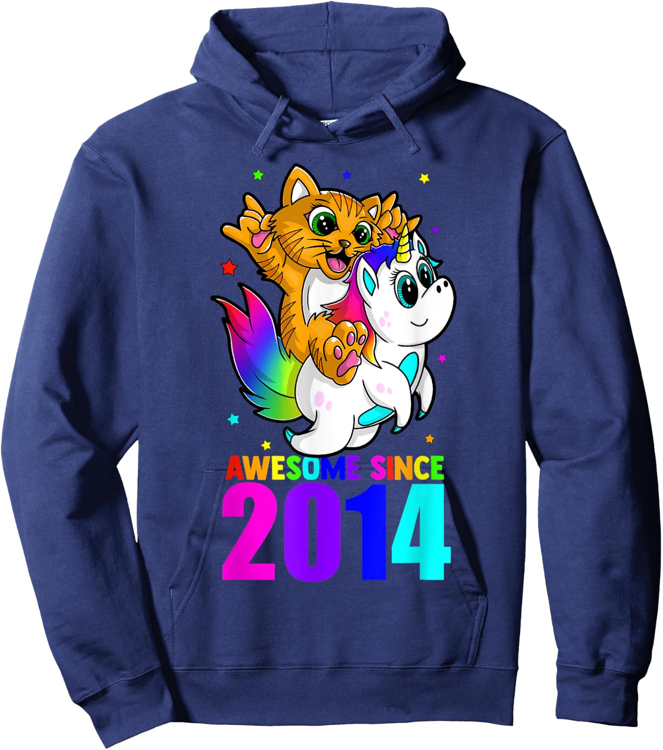 Awesome Since 2014 Unicorn Cat Birthday Girl Boys Cute Kids Hoodie - Hoodie | Navy