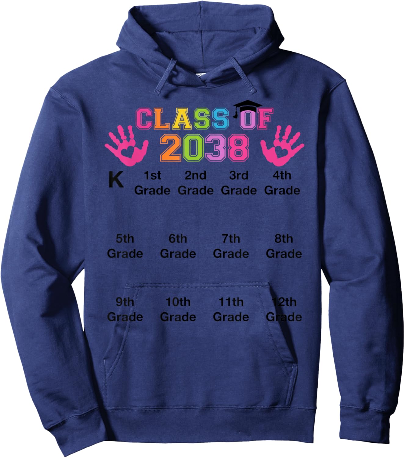 Class of 2038 Handprint Grow with Me Kindergarten to 12th Hoodie - Hoodie | Navy