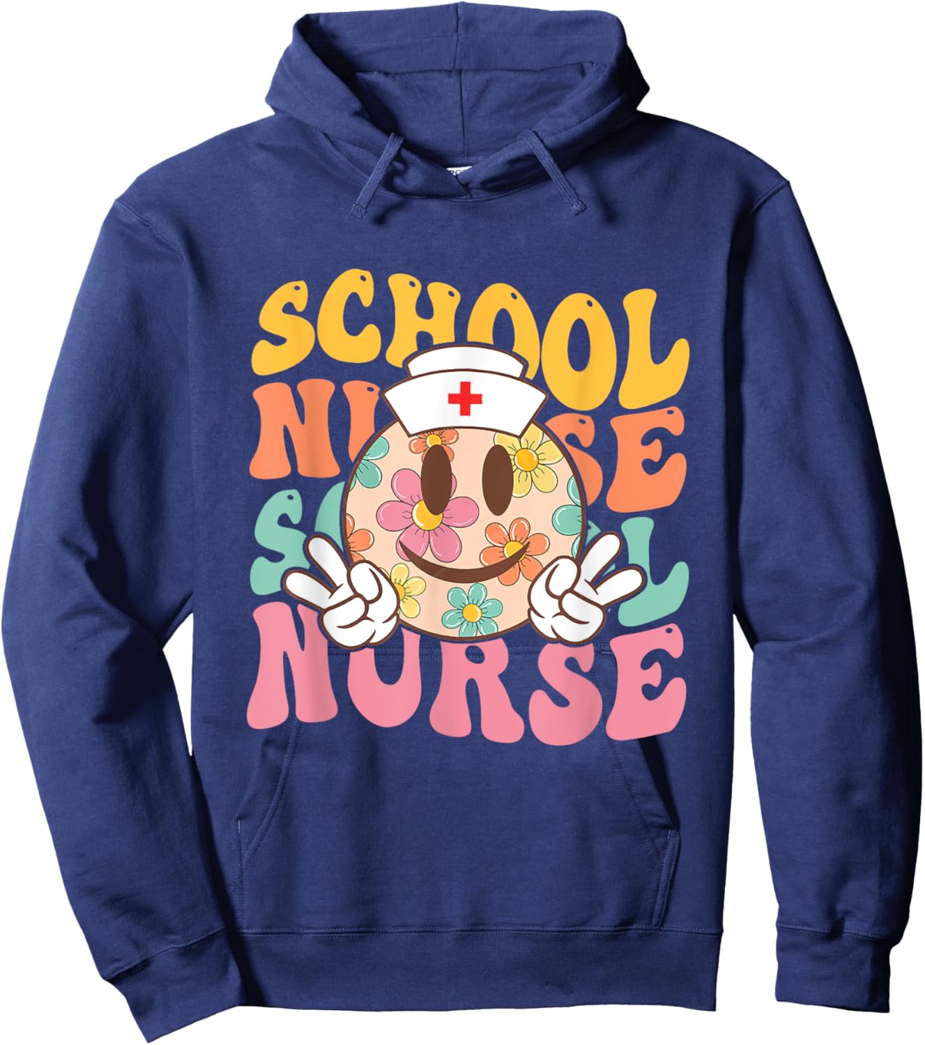 Retro groovy Smile face School Nurse back to school women Hoodie - Hoodie | Navy