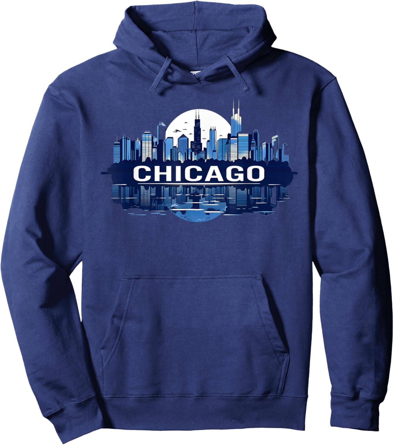 Chicago Skyline Night Design with Moon and City Reflection Hoodie - Hoodie | Navy
