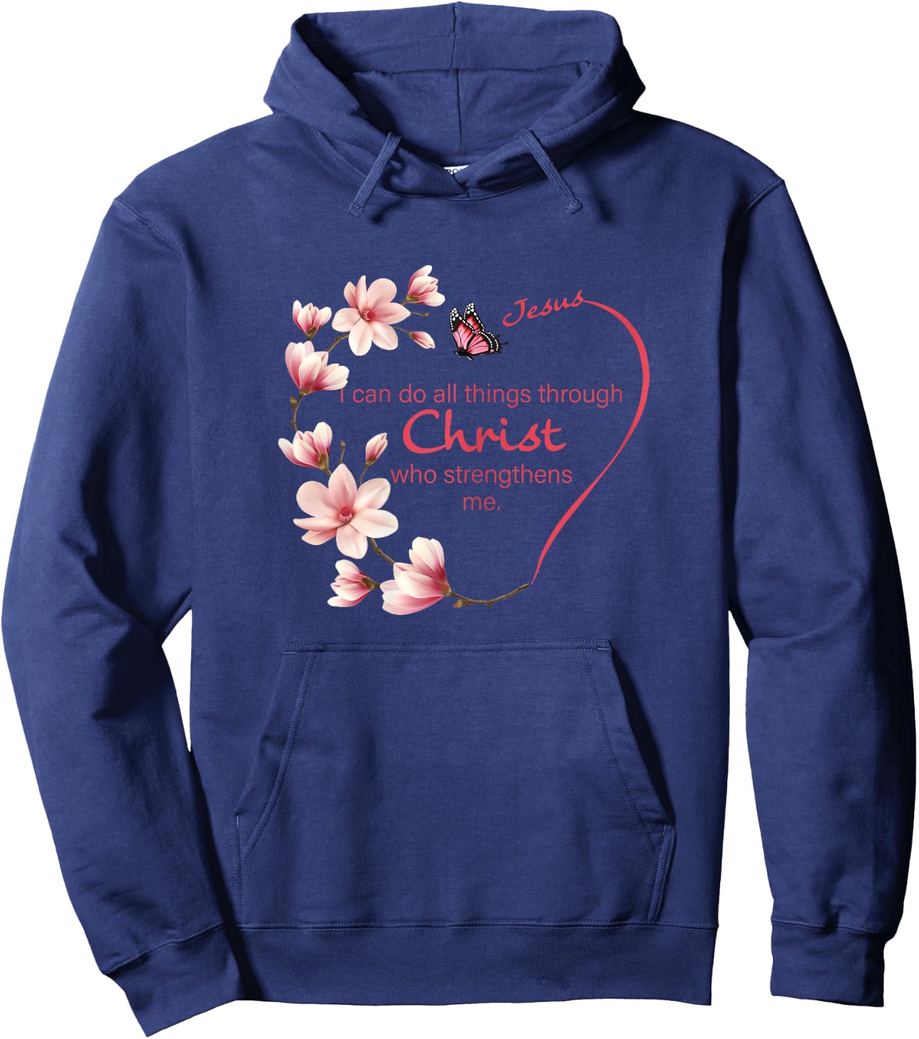 Philippians 4:13 Christian Gifts Her Butterfly Pink Magnolia Hoodie - Hoodie | Navy