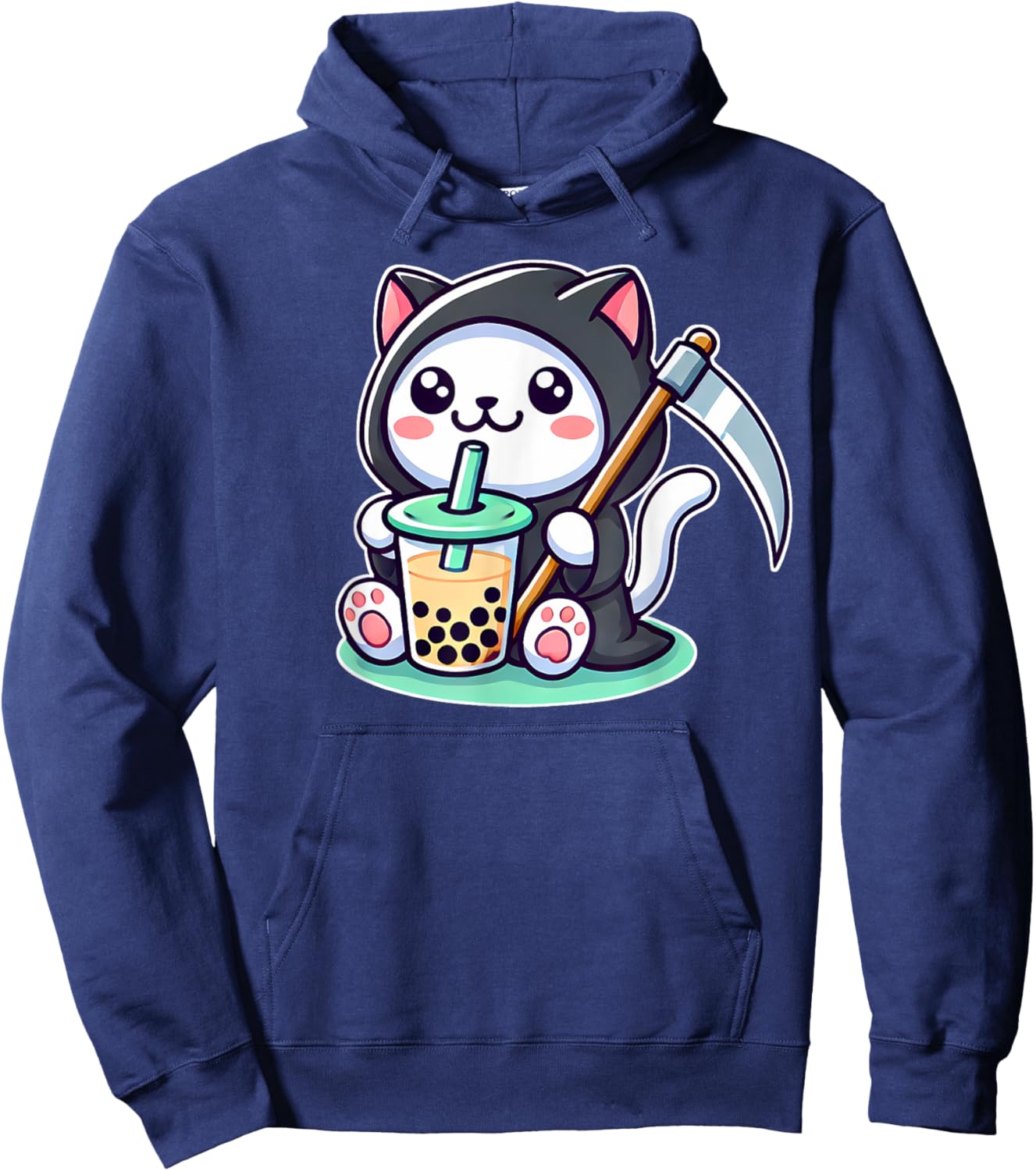 Japan Bubble Tea Boba Tea Kawaii Anime Neko Grim Reaper Cat Men Women Hoodie - Hoodie | Navy