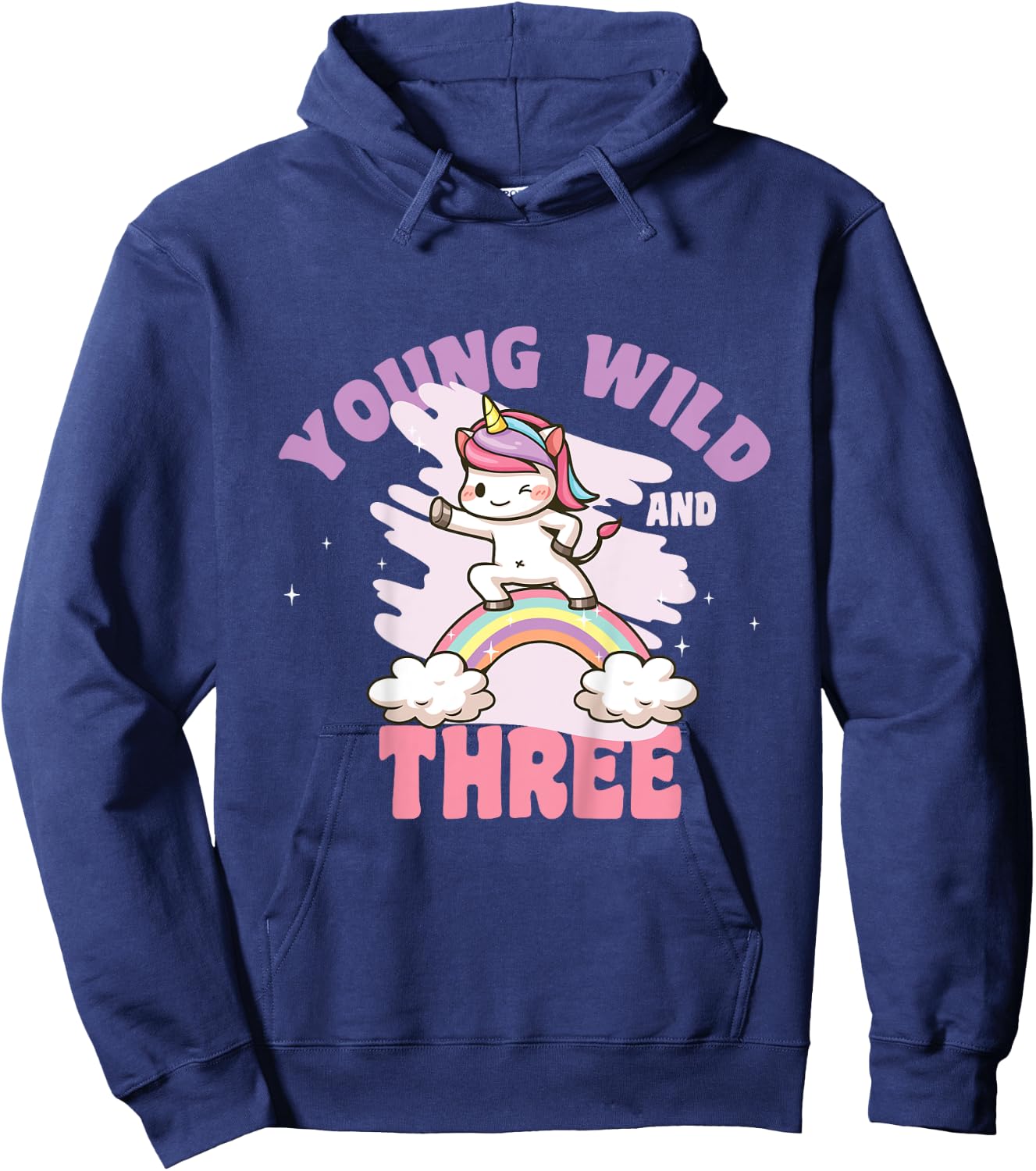 Young Wild & Three - Funny 3rd Birthday Kids Unicorn Girls Hoodie - Hoodie | Navy