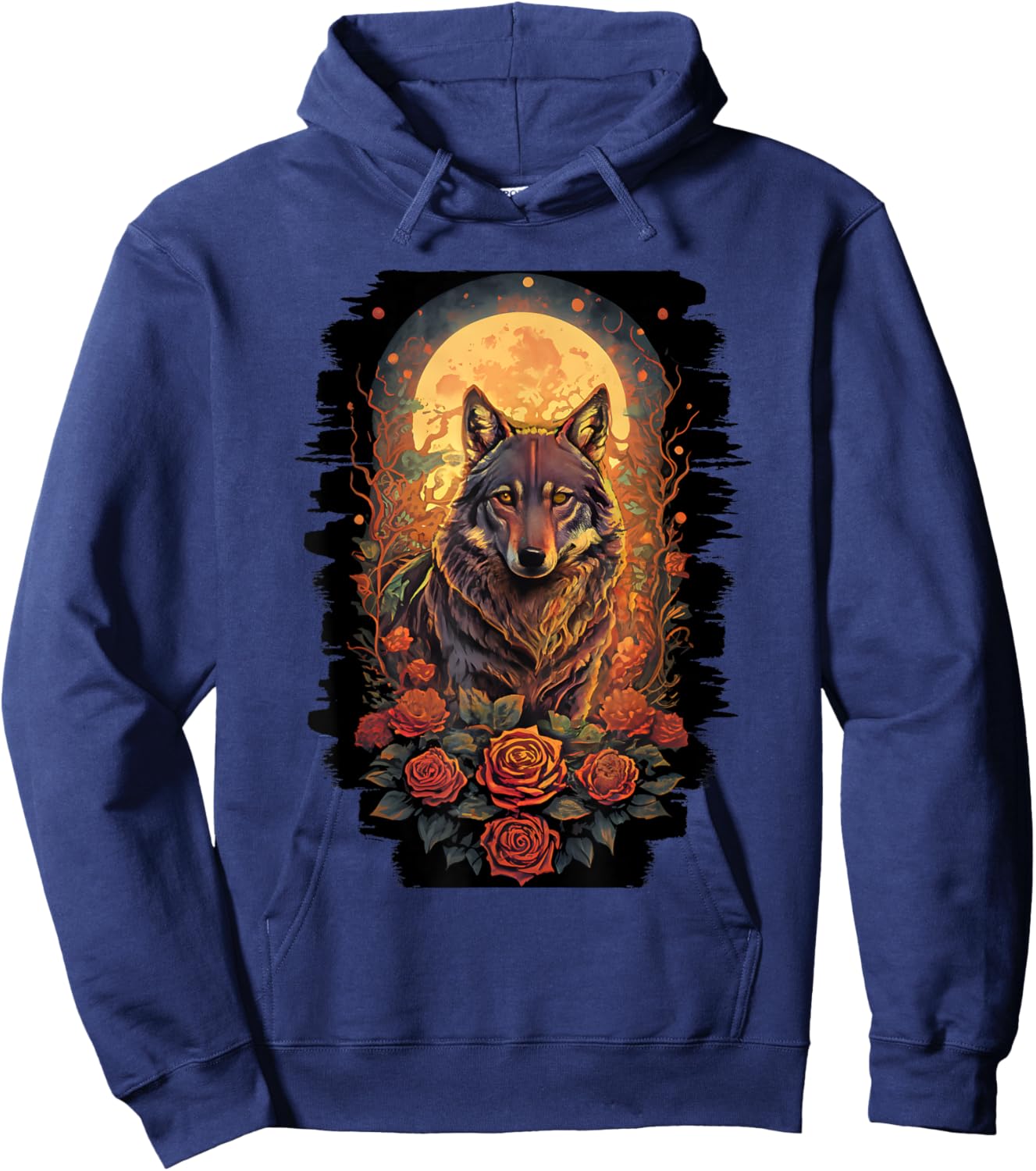 Botanical Wolf Women Roses Full Moon Kids Floral Wolf Hoodie - Hoodie | Navy