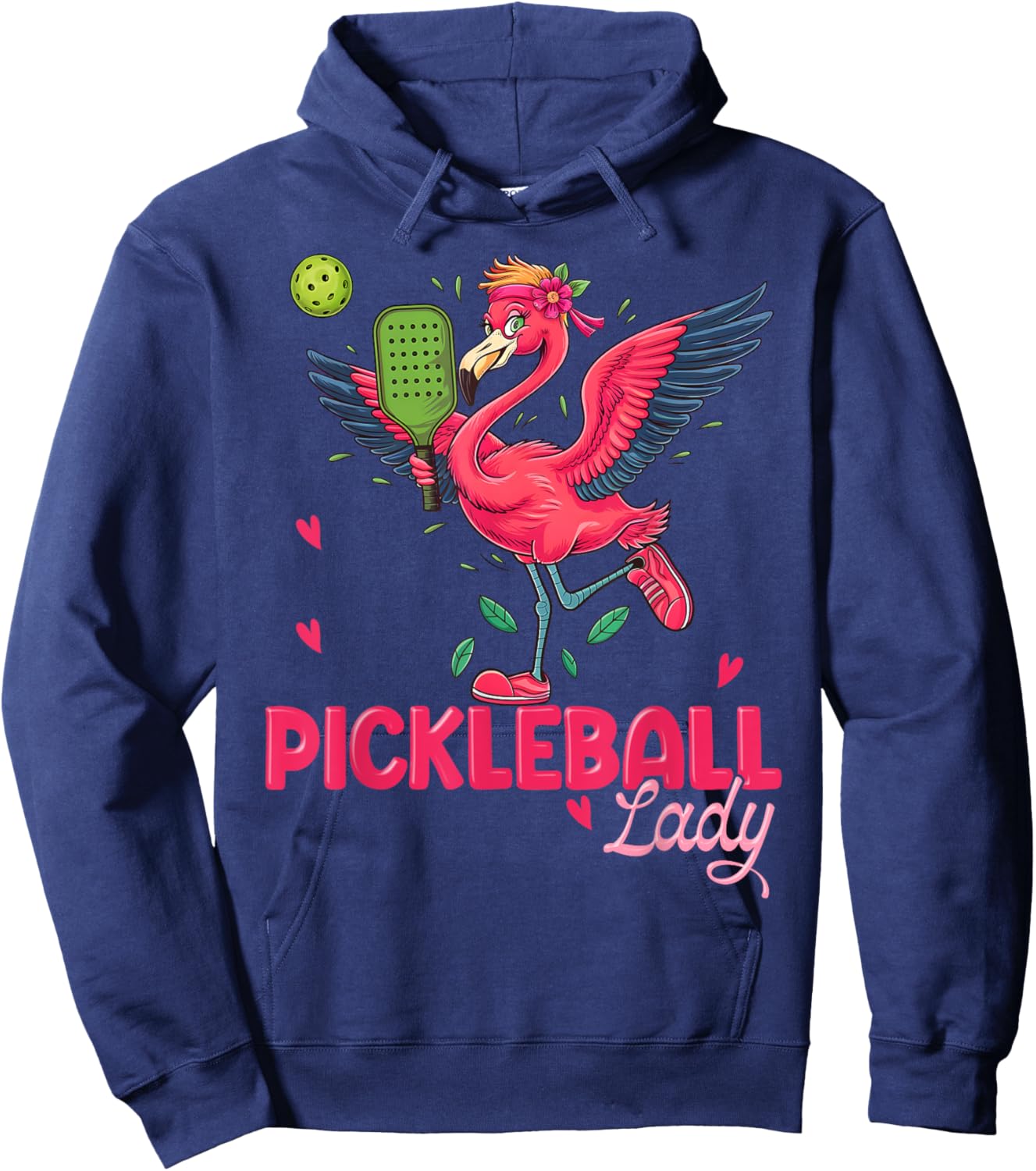 Pickleball Lady Flamingo Holding a Pickleball Paddle Funny Hoodie - Hoodie | Navy