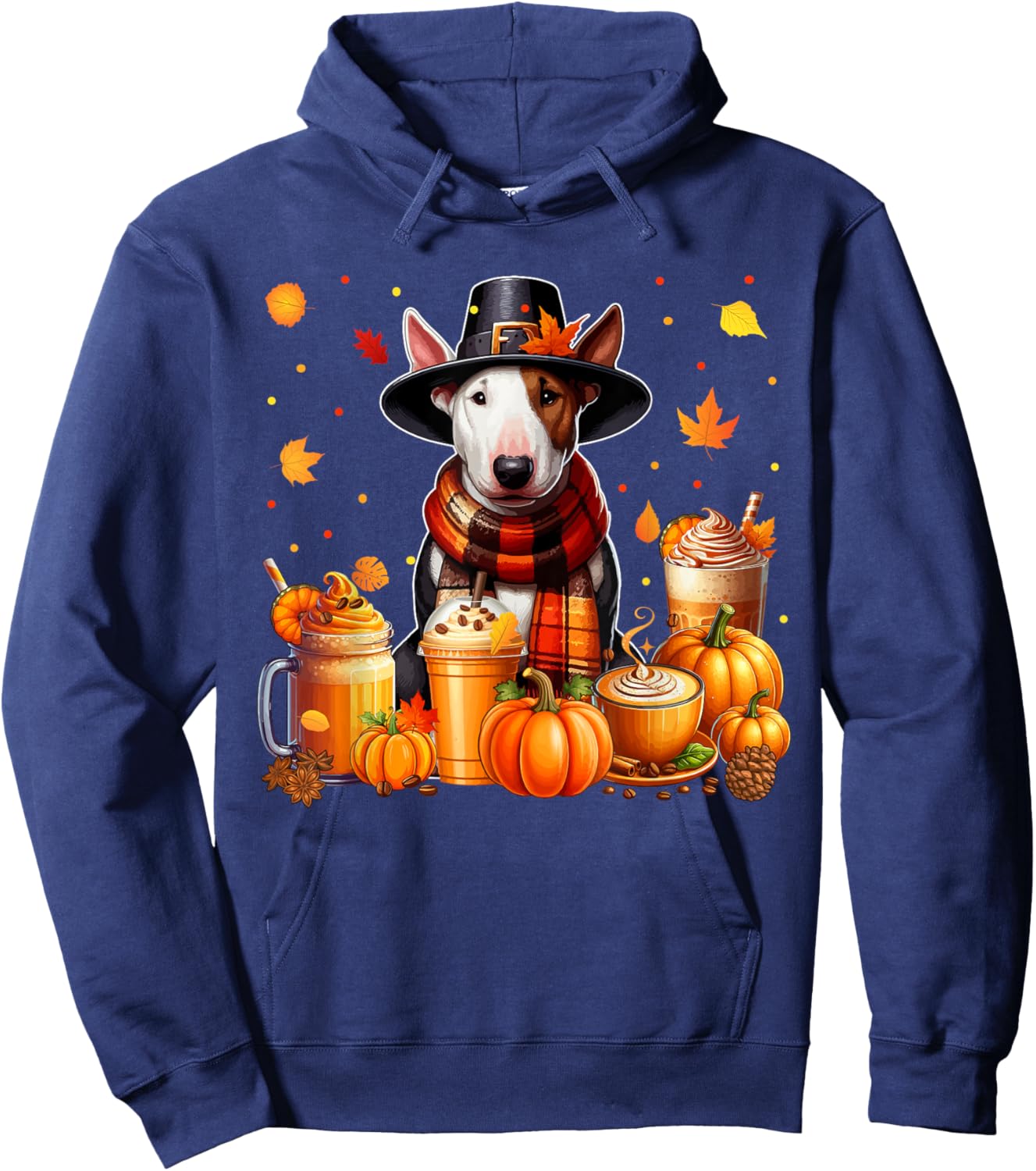 Bull Terrier Thanksgiving Drinks Coffee Fall Leaves Pumpkins Hoodie - Hoodie | Navy
