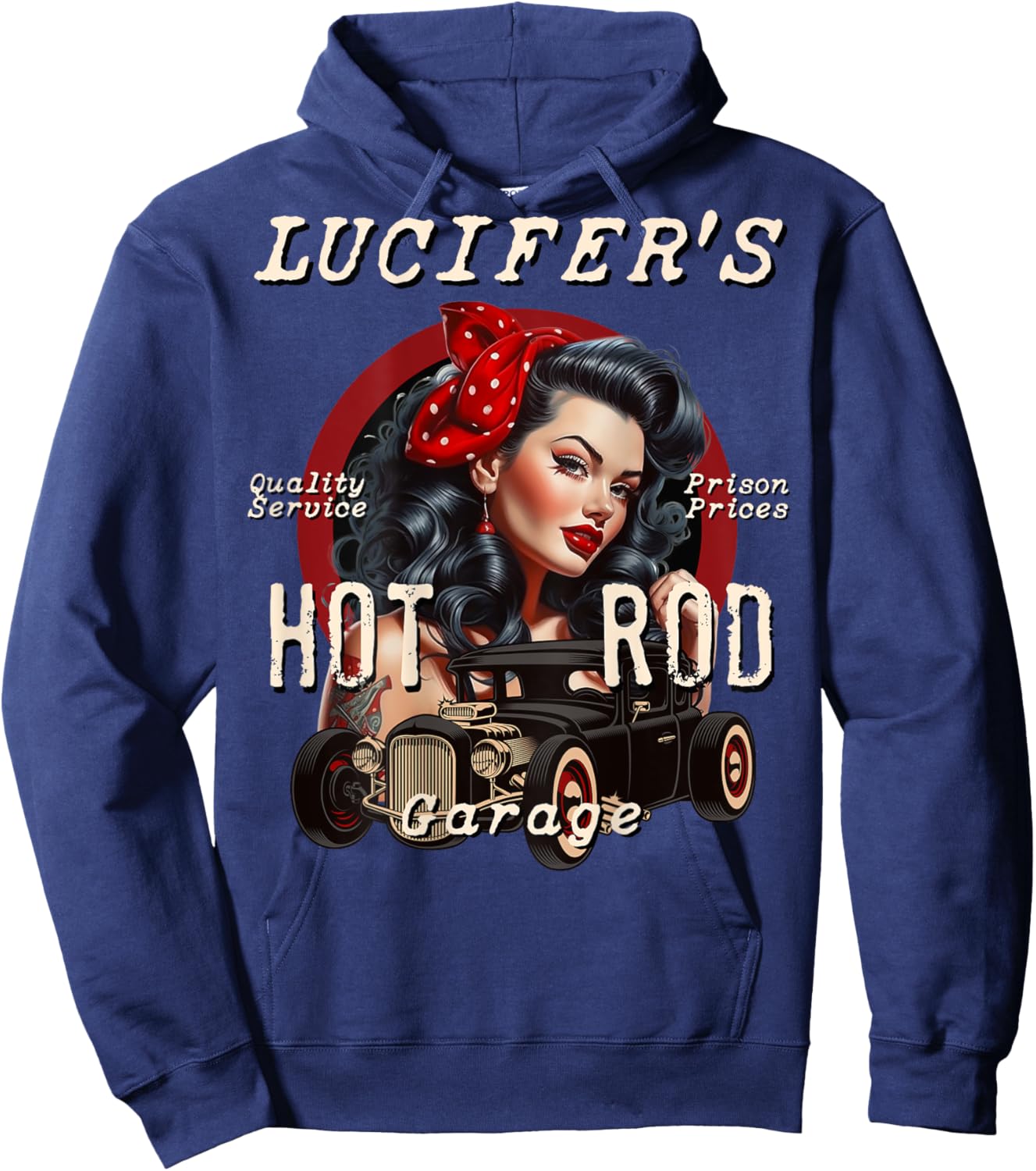 Lucifer's Super Hot Rod Pinup Girl Rockabilly Garage Retro Hoodie - Hoodie | Navy