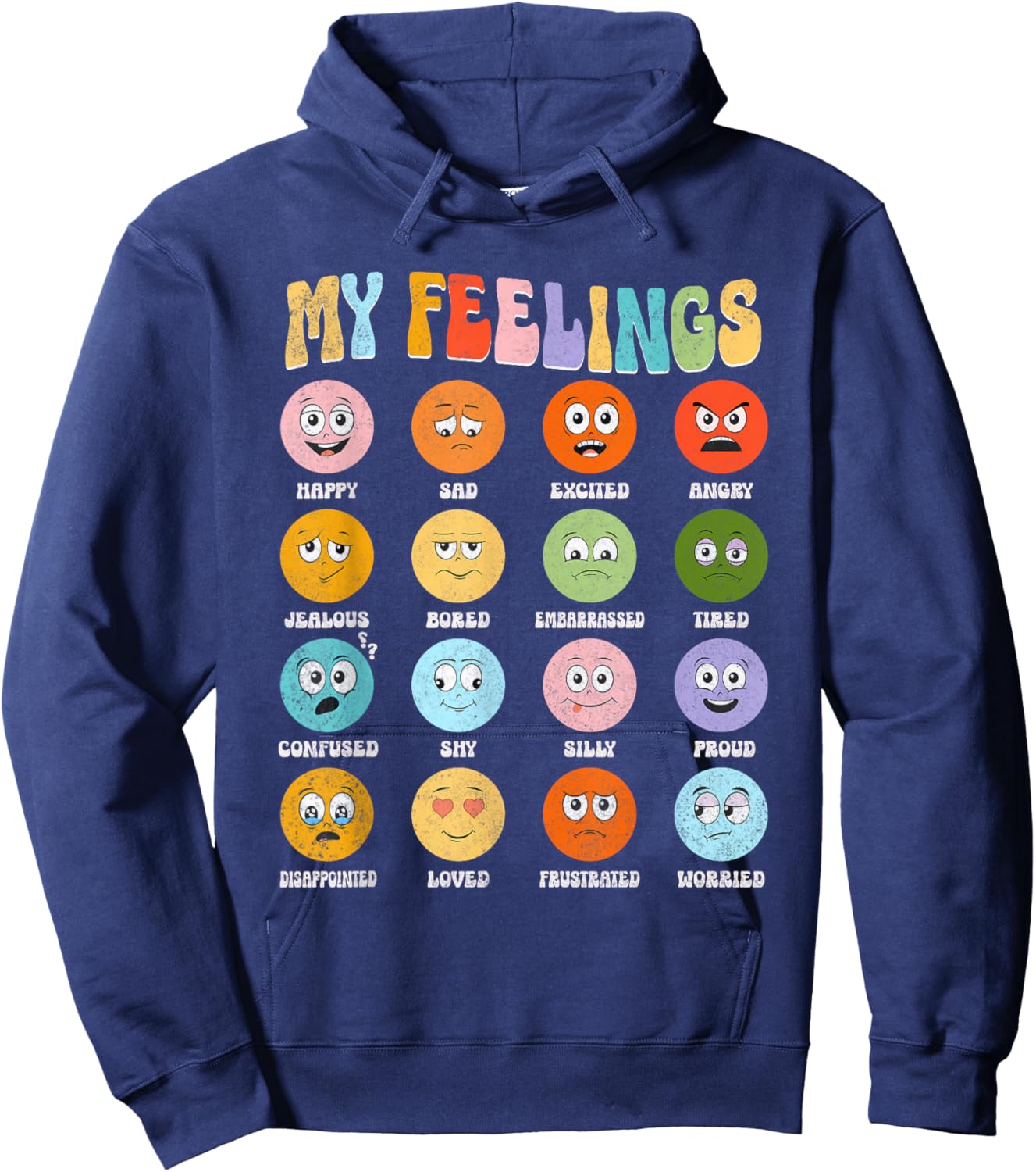 Groovy Retro My Feelings Chart Funny Hippie Face Emotions , Small Hoodie - Hoodie | Navy