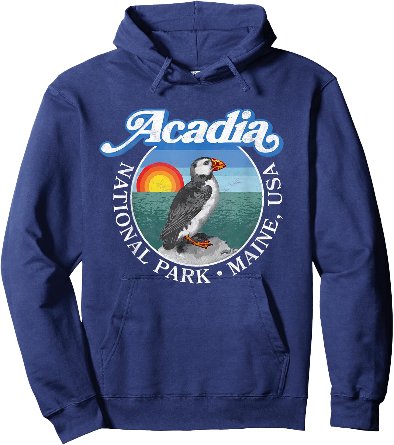 Retro Acadia National Park Vintage Maine Puffin Hoodie - Hoodie | Navy