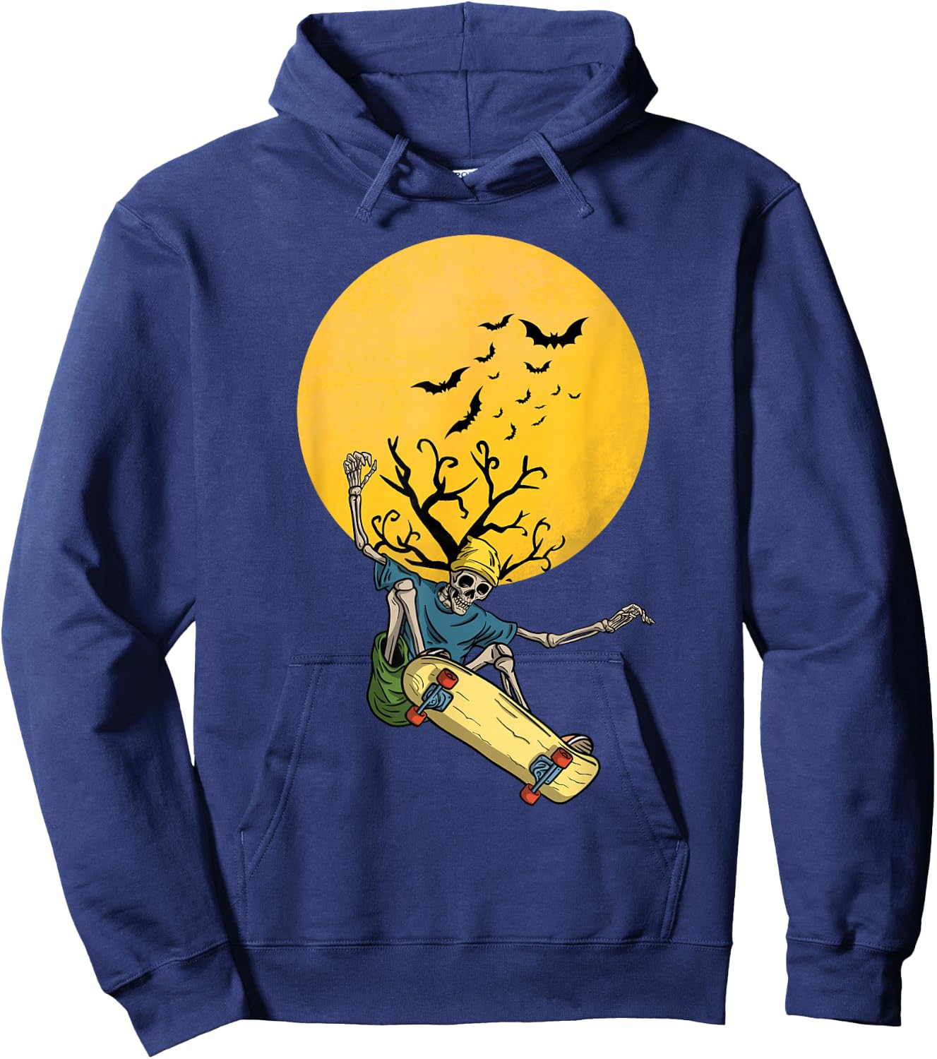 Skateboarding skeleton on the moon night with bats Halloween Hoodie - Hoodie | Navy