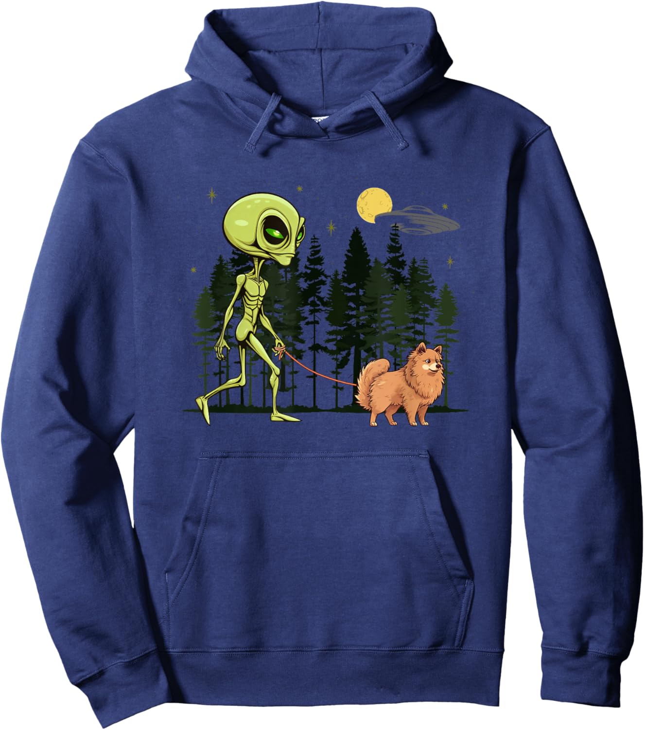 Funny German Spitz Alien Walking UFO Pet Dog Mom Dad Hoodie - Hoodie | Navy