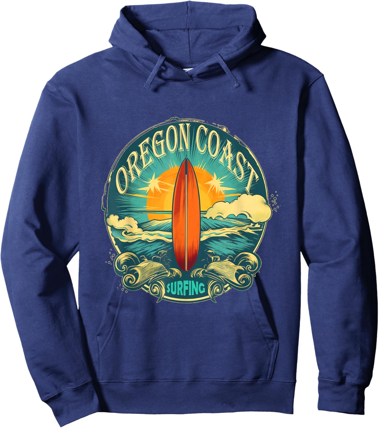 Oregon Coast Distressed Vintage Look Surf Surfing Surfboard Hoodie - Hoodie | Navy