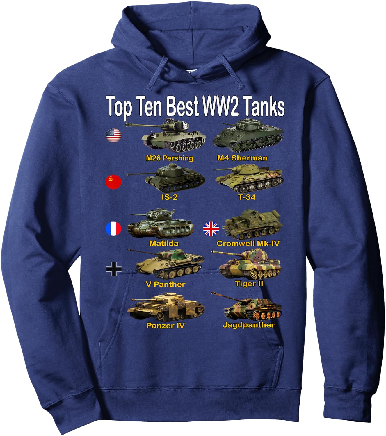 Top Ten Best WW2 Tanks | Sherman Panzer Panther Tiger T-34 Hoodie - Hoodie | Navy