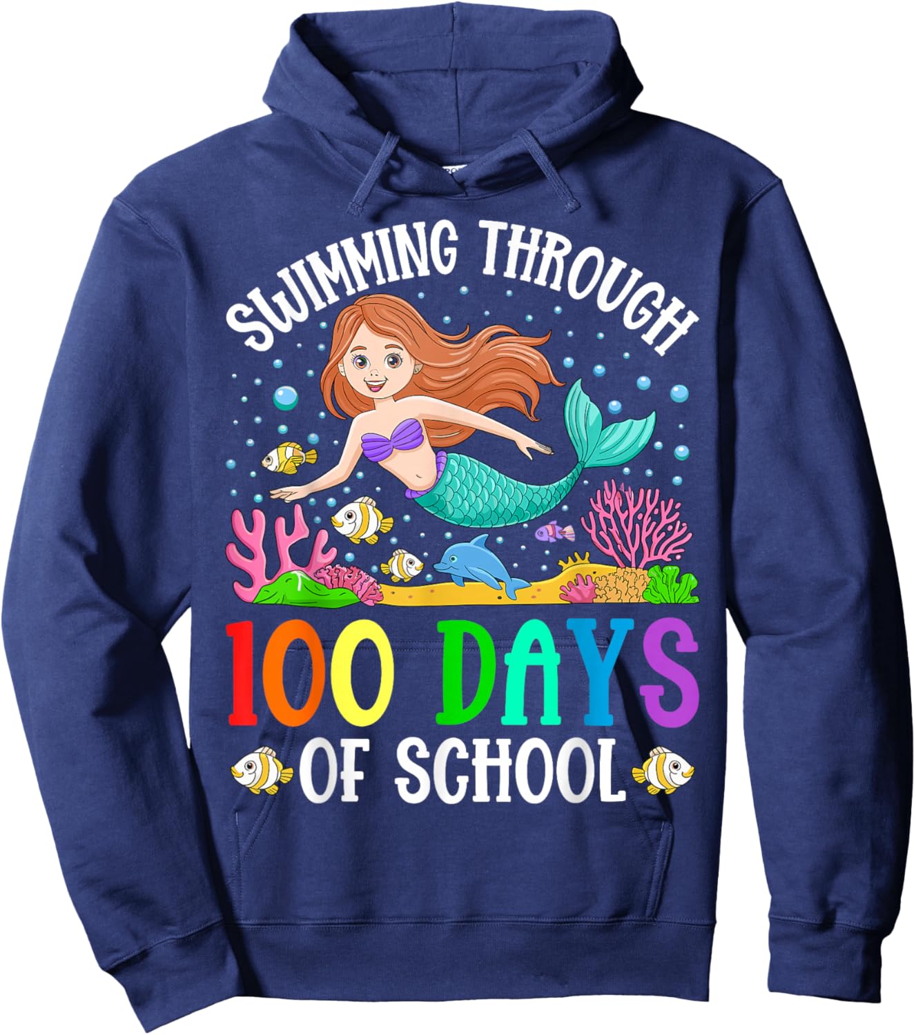 Swimming Through 100 Days Of School Mermaid Kids Teacher Hoodie - Hoodie | Navy