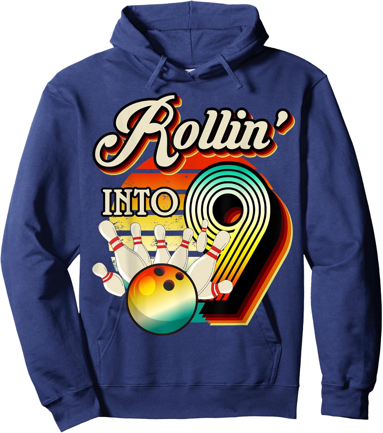 Rollin into Bowling 9 Year Old Retro Birthday 9th Bday Party Hoodie - Hoodie | Navy