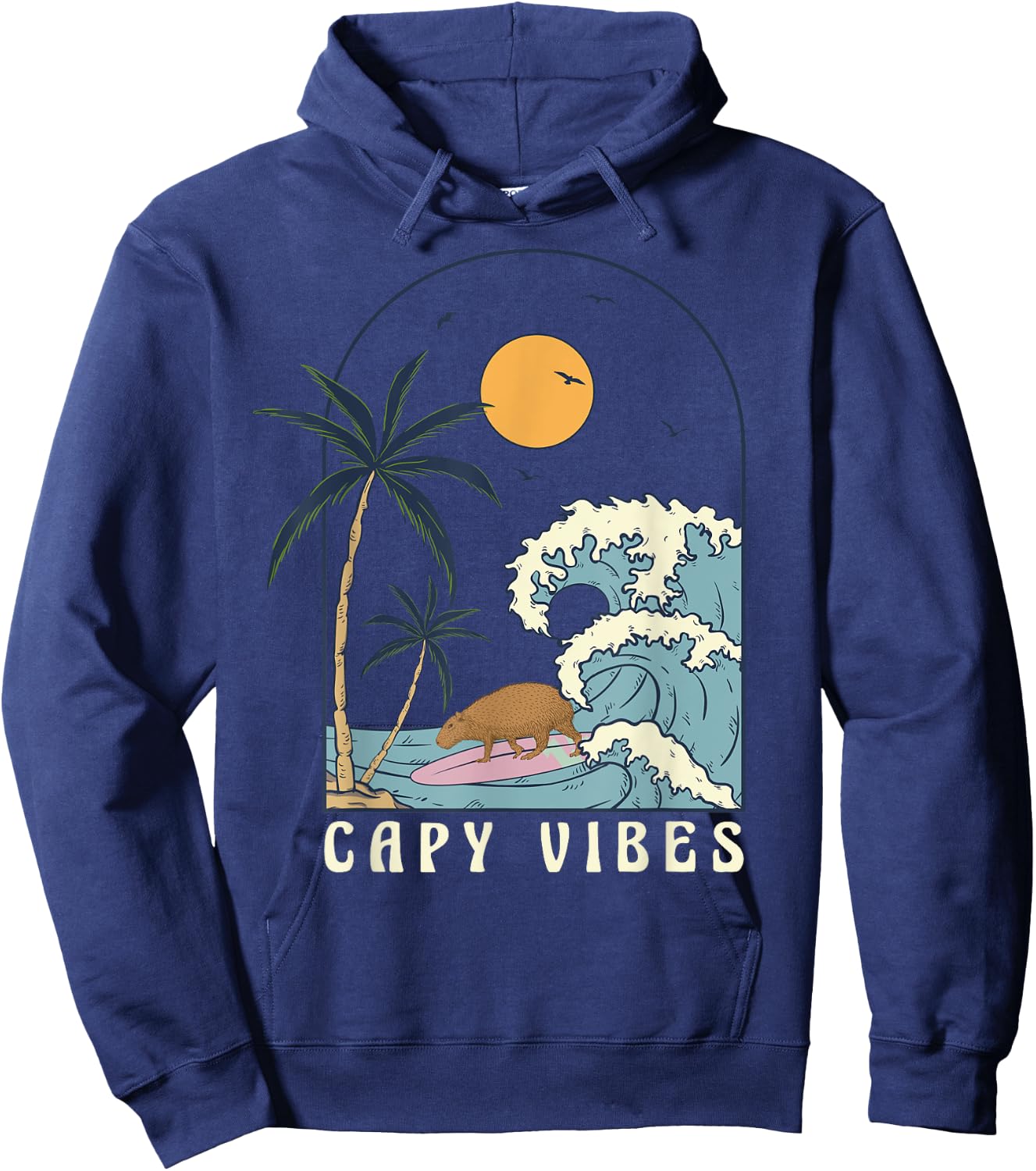 Capybara Surfing at Beach Sunset Summer Surf Capy Vibes Women Girls Kids Hoodie - Hoodie | Navy