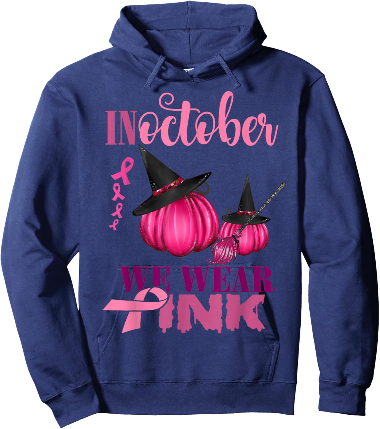 In October We Wear Pink Pumpkin Breast Cancer Halloween Hoodie - Hoodie | Navy