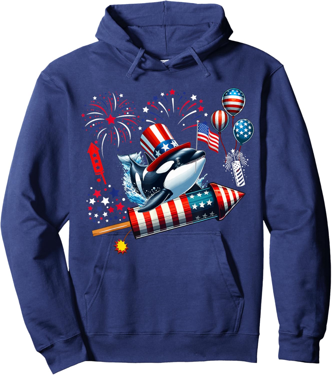 Orca Riding Firecracker US Flag 4th Of July Fireworks Hoodie - Hoodie | Navy