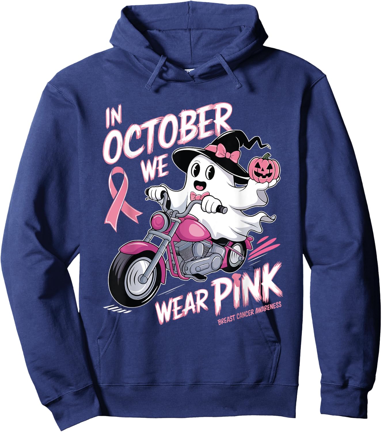 In October We Wear Pink Ghost Riding Motorcycle Halloween Hoodie - Hoodie | Navy