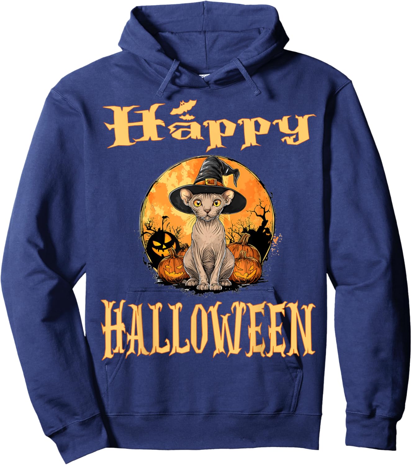 Sphynx Cat Animal Whitch Hat Halloween Pumpkin Spooky Happy Women Kids Hoodie - Hoodie | Navy