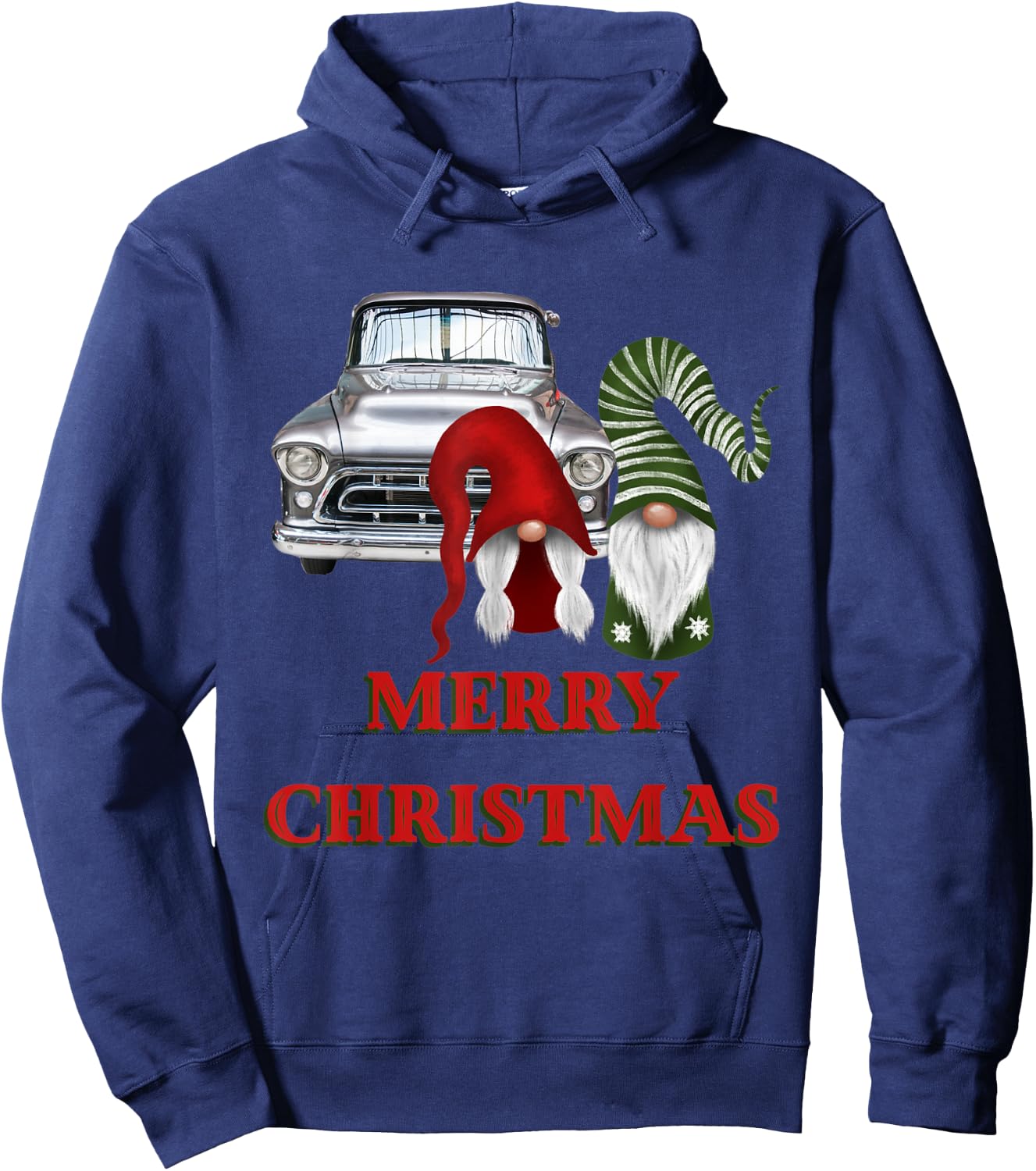 Merry Gnome Couple Old Pickup Truck Christmas Hotrod Holiday Hoodie - Hoodie | Navy