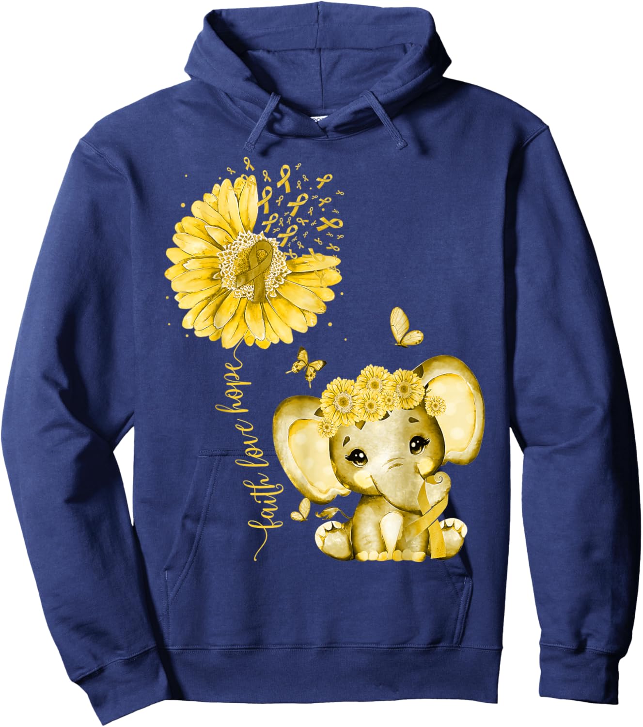 Childhood Cancer Cute Elephant With Sunflower Gold Ribbon Hoodie - Hoodie | Navy