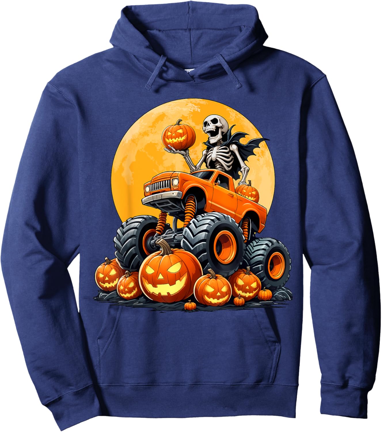 Skeleton Riding Monster Truck Halloween Pumpkin Kids Toddler Hoodie - Hoodie | Navy