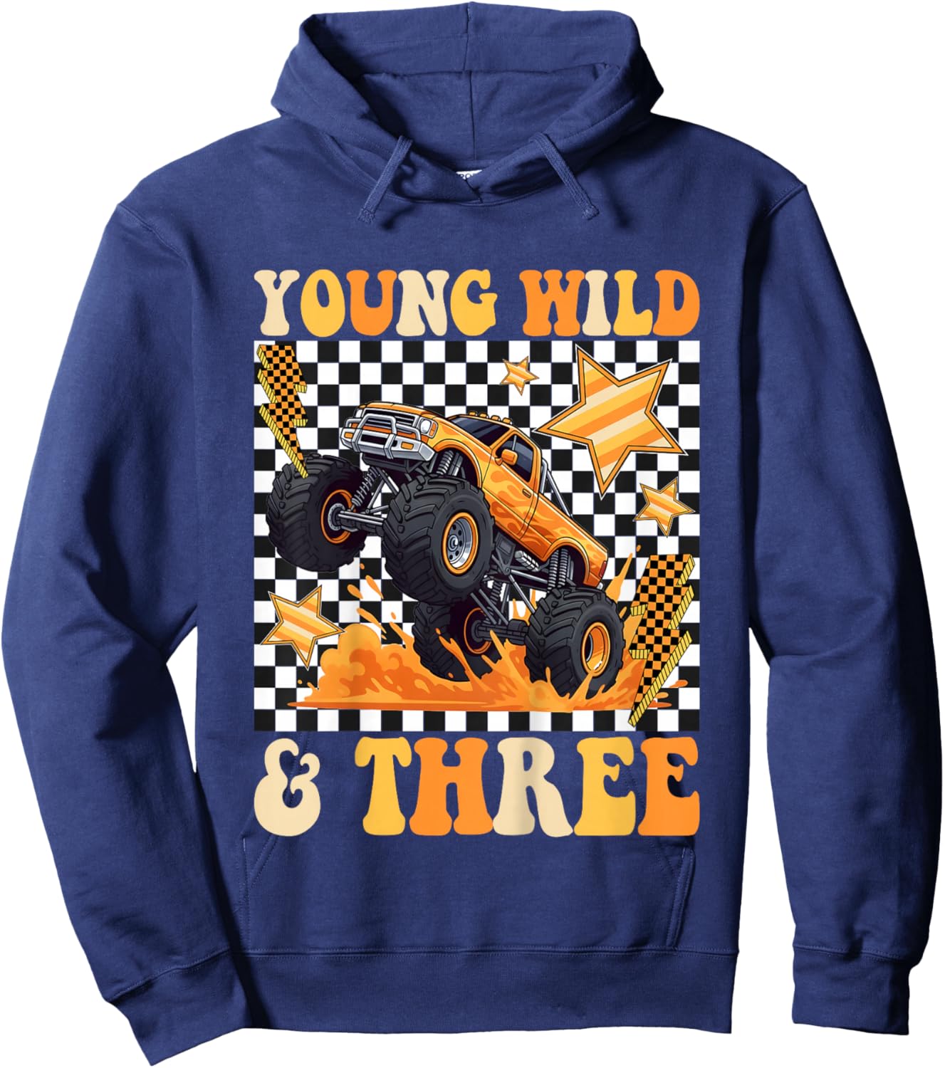 3rd Birthday Monster Truck Young Wild and Three Checkered Hoodie - Hoodie | Navy