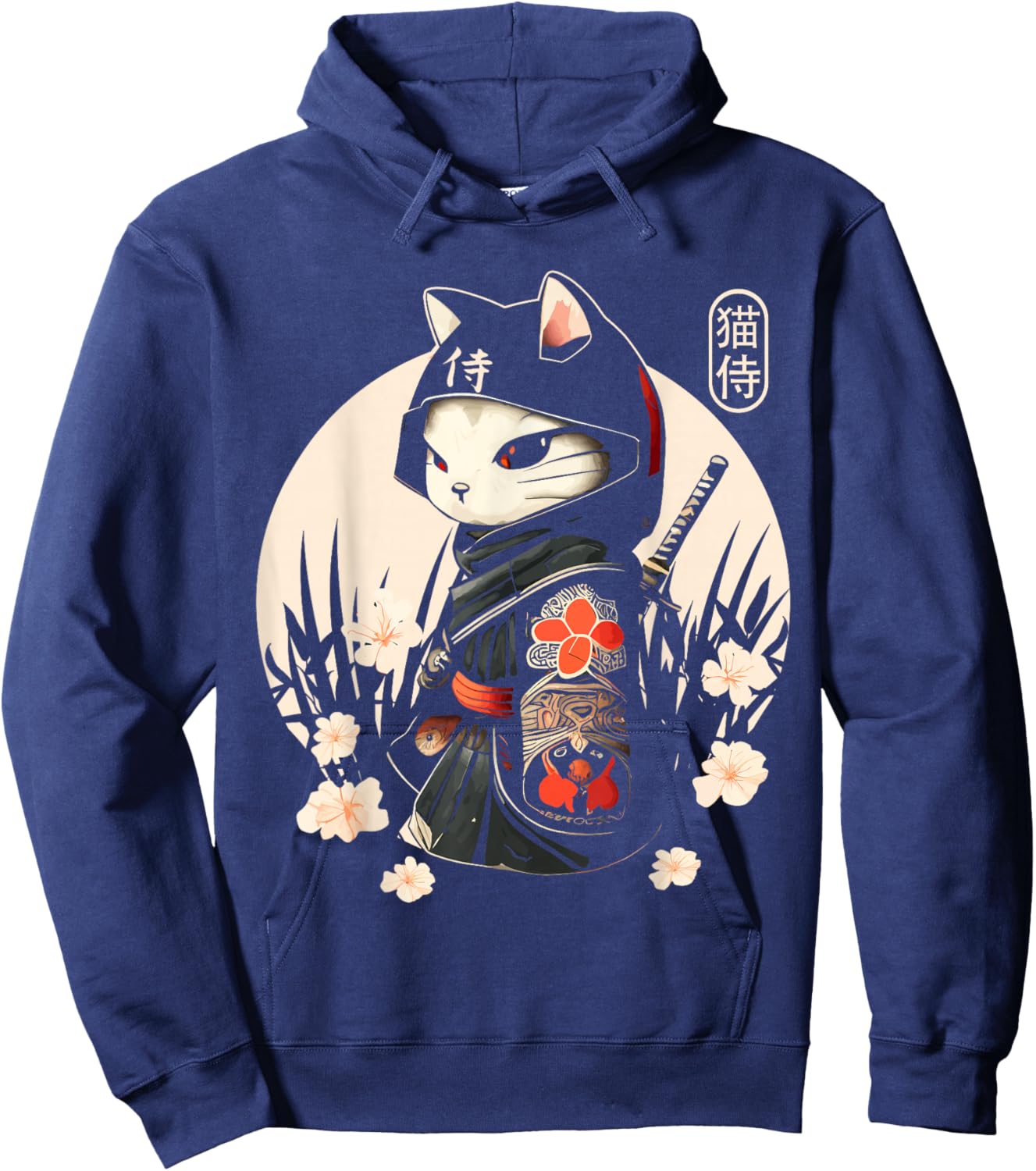 Japanese Samurai Cat Tattoo, Kawaii Ninja Cat Hoodie - Hoodie | Navy