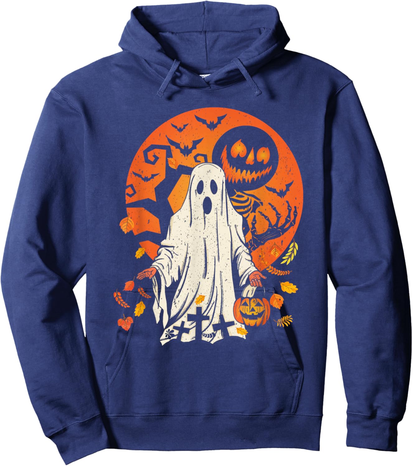 Cute Pumpkin Ghost And Autumn Leaves Halloween Hoodie - Hoodie | Navy