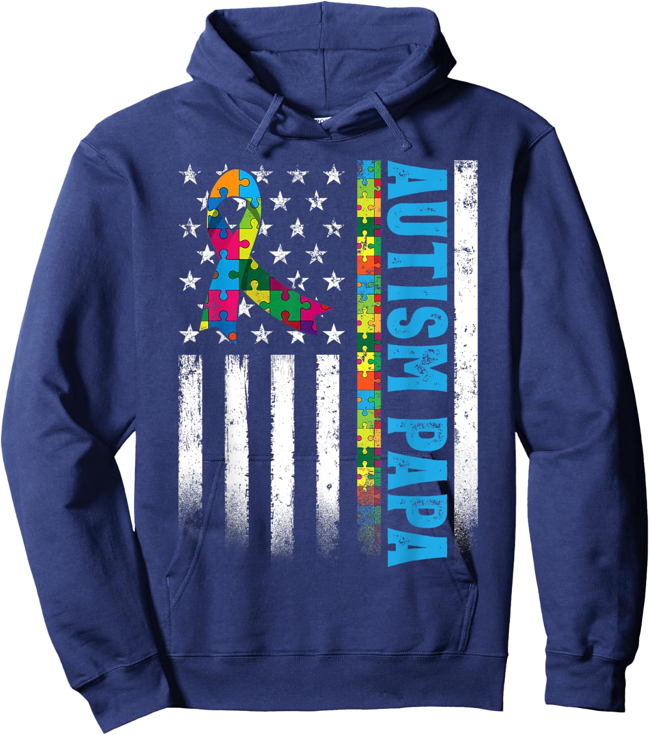 Retro American Flag Autism Papa Awareness Autistic Hoodie - Hoodie | Navy