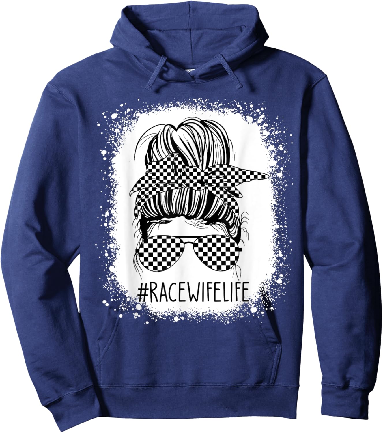 Race Wife Life Messy Bun Bleached Racing Wife Race Checkered Hoodie - Hoodie | Navy