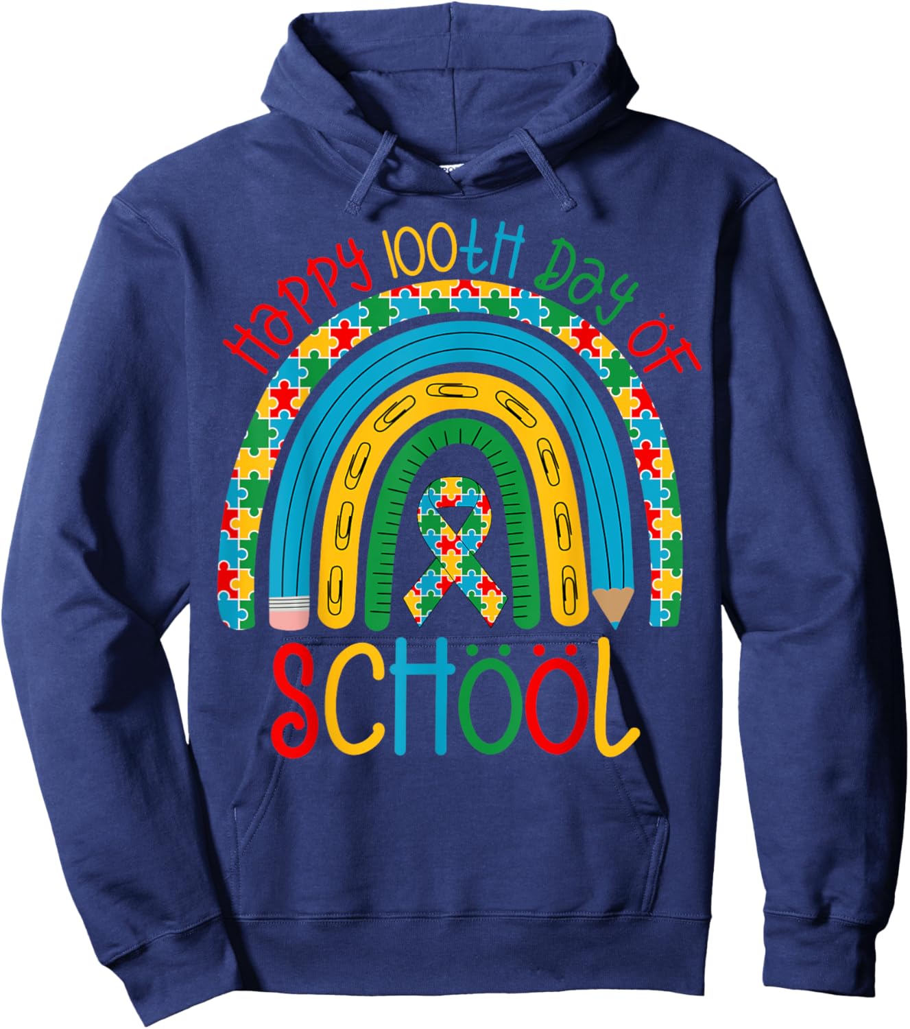 Happy 100th Days of School - Autism Puzzle Ribbon Awareness Hoodie - Hoodie | Navy