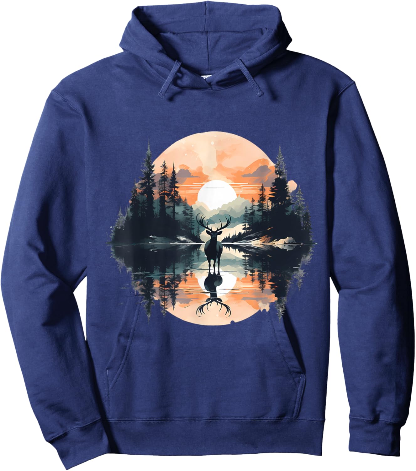 Deer Landscape Moon Motif Animal Lovers Forest Wildlife Hoodie - Hoodie | Navy