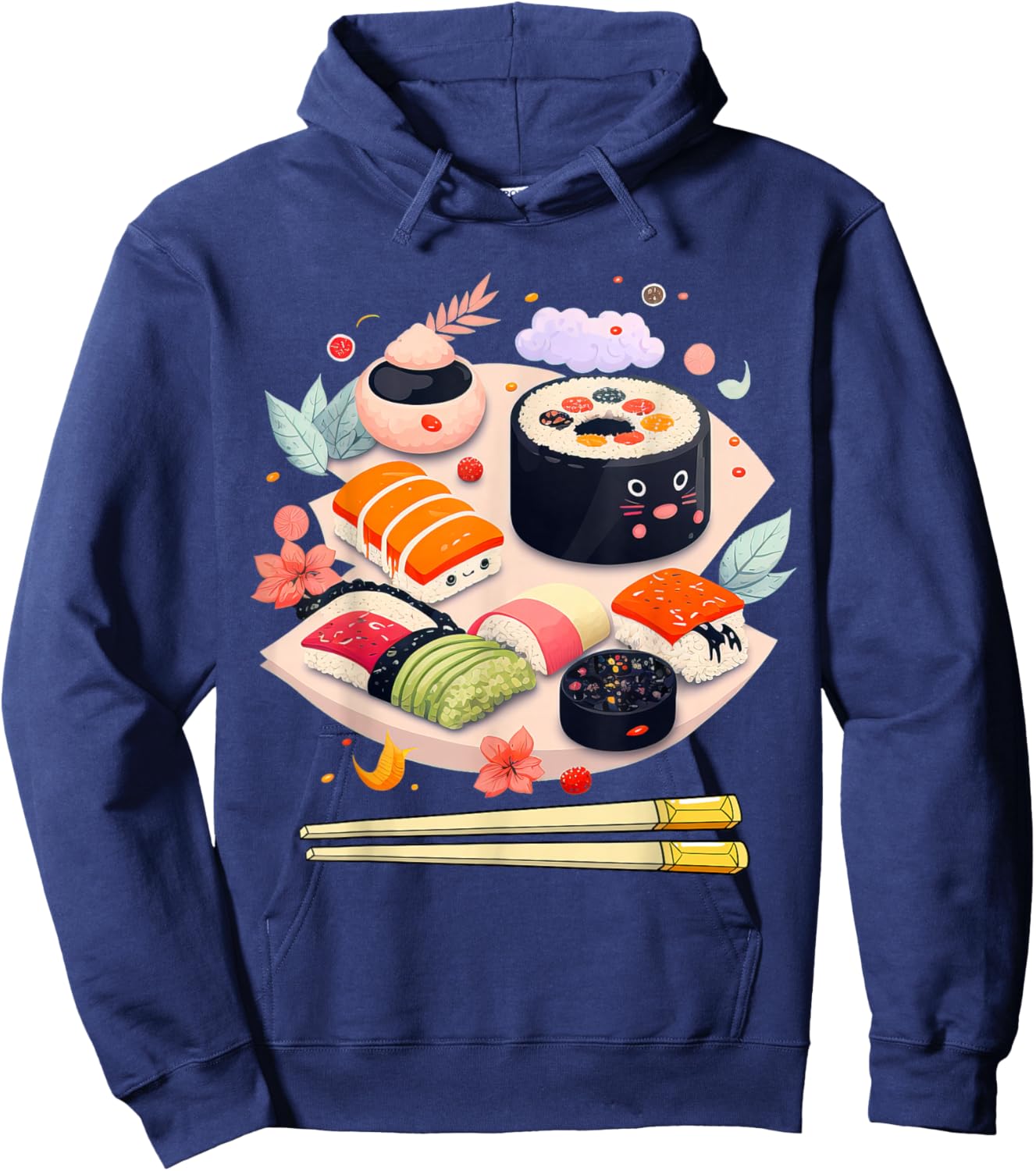 Happy Sushi Anime Kawaii Set Japanese Food Lover Otaku Manga Hoodie - Hoodie | Navy