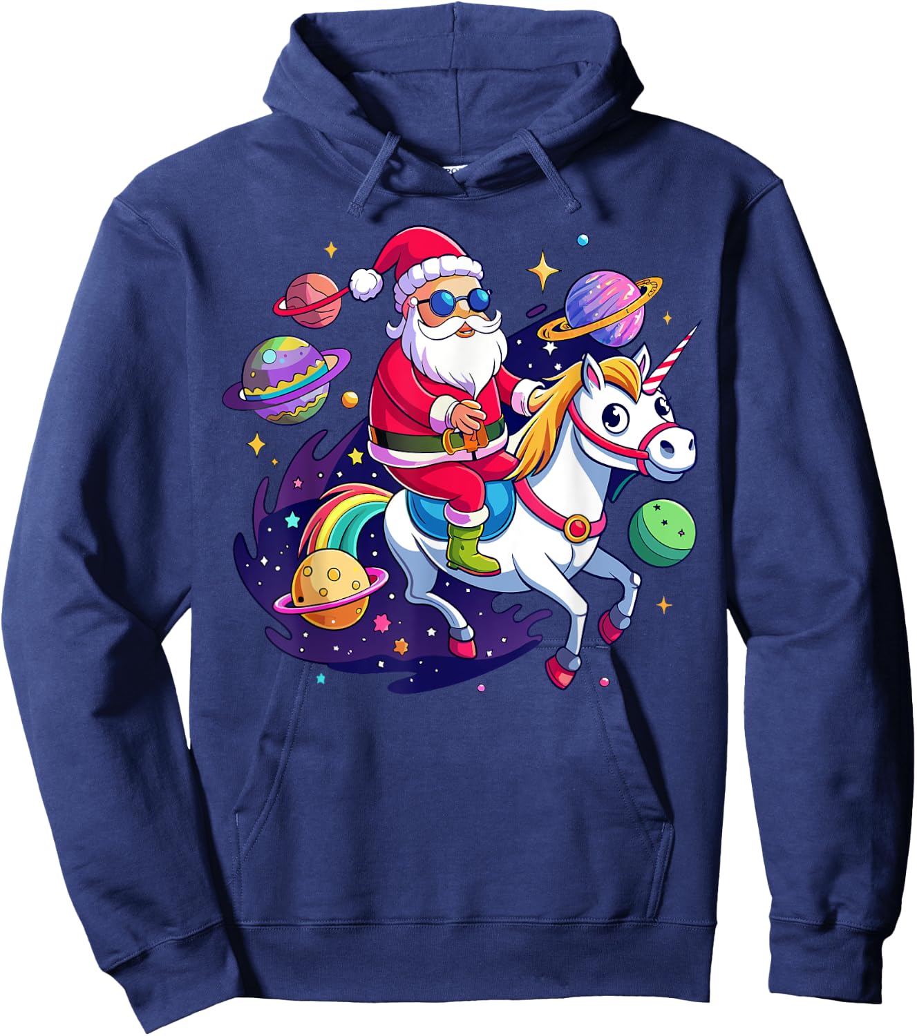 Christmas Santa Riding Unicorn Cute Xmas Holiday Girls Women Hoodie - Hoodie | Navy