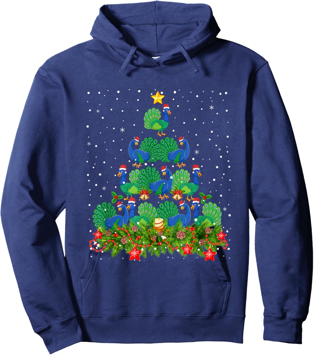 Peacock Bird Xmas Tree - Santa Hat Peacock Christmas Hoodie - Hoodie | Navy