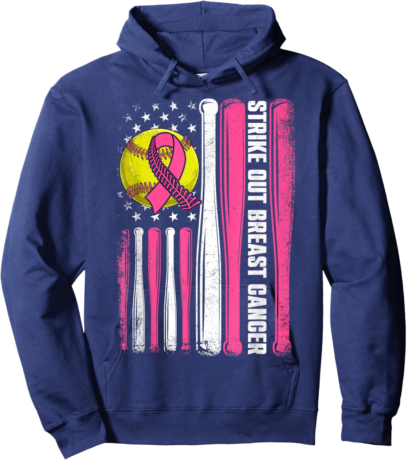 Strike Out Breast Cancer Softball American Flag Women Girls Hoodie - Hoodie | Navy