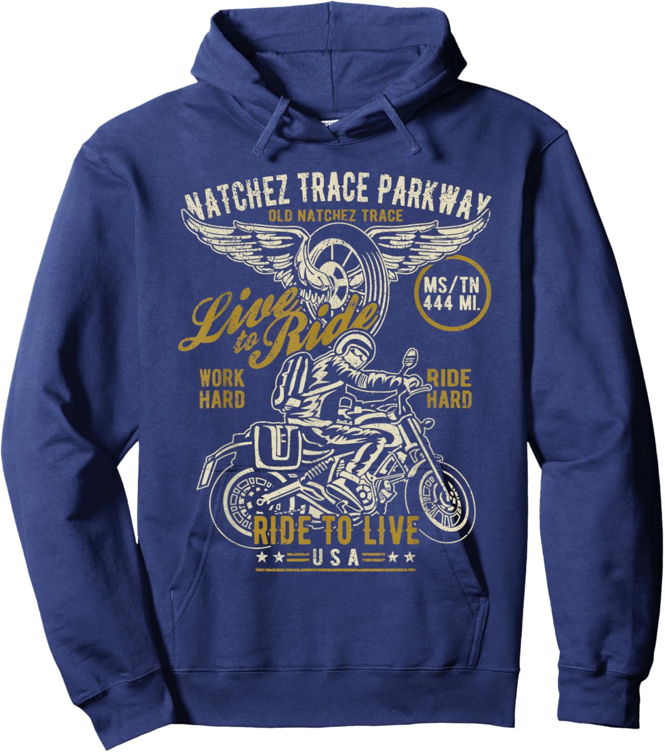 Natchez Trace Parkway MS TN USA Motorcycle Distressed Design Hoodie - Hoodie | Navy