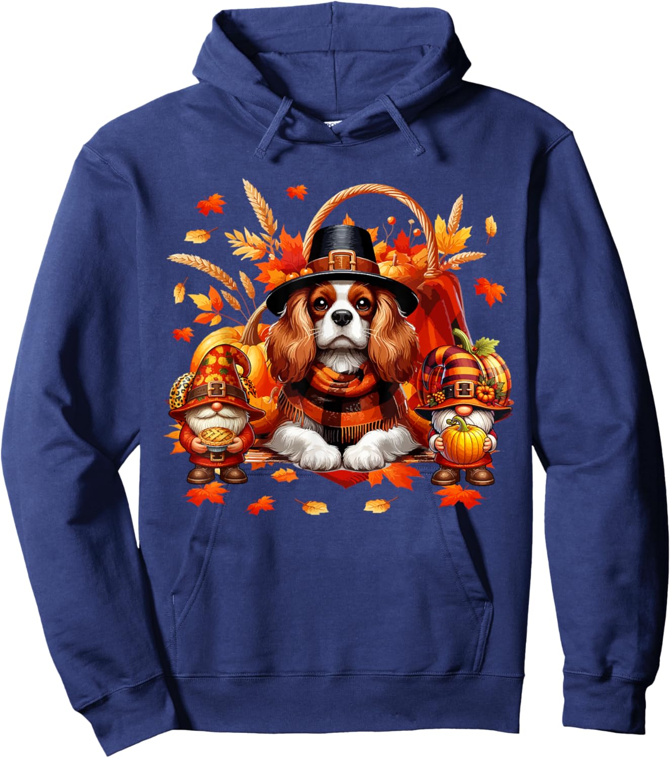 Thanksgiving Cavalier King Charles Spaniel With Gnomes Fall Hoodie - Hoodie | Navy