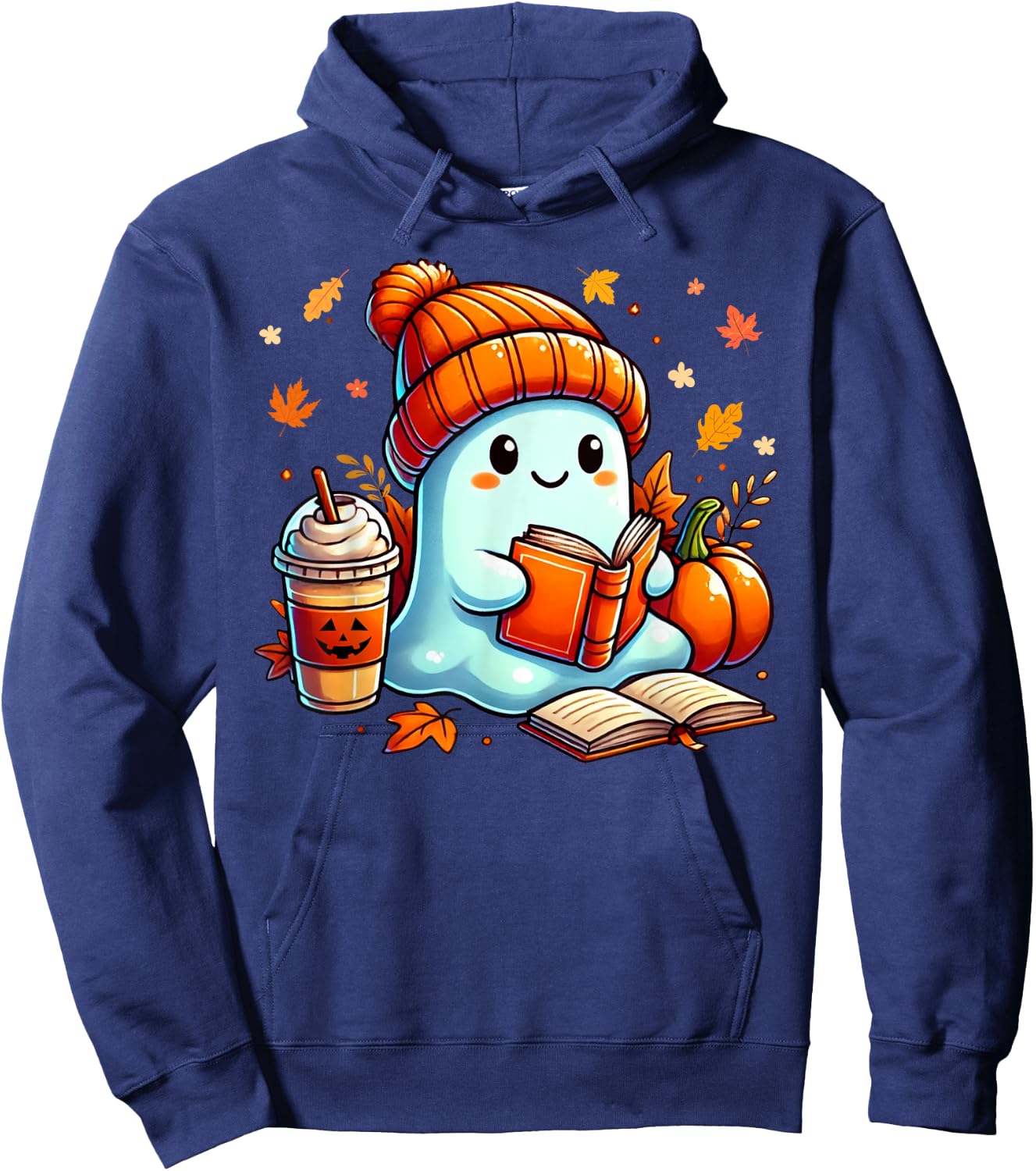 Cute Ghost Reading Book Lovers Halloween Coffee and Book Hoodie - Hoodie | Navy