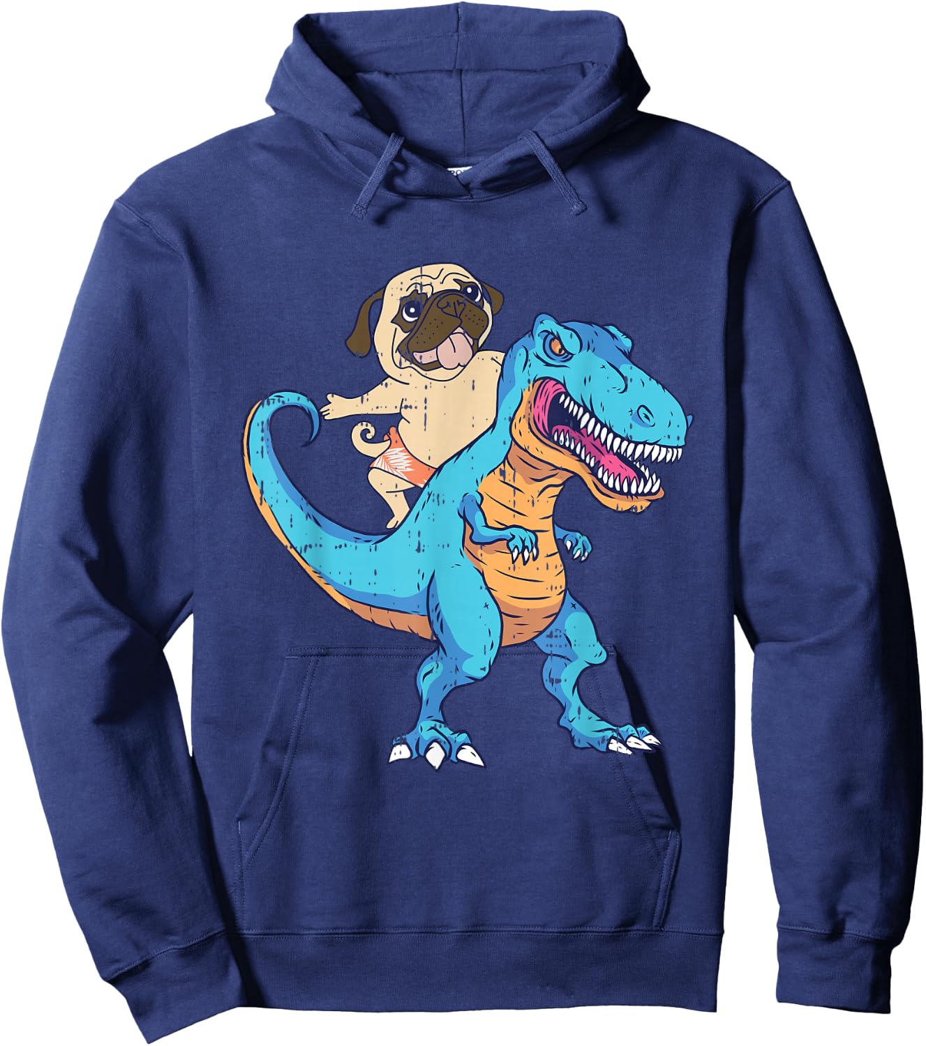 Pug Riding T-Rex Surfing Dinosaur Funny Dog Lover Gifts Women Girls Kids Hoodie - Hoodie | Navy