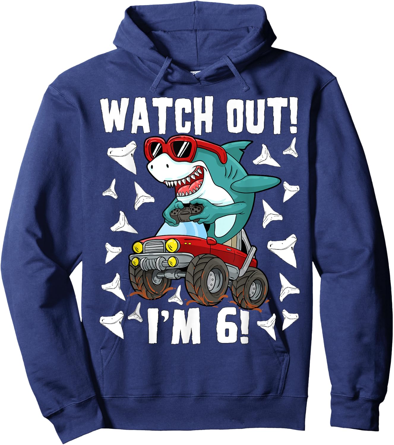 6 Years Old 6th Birthday Shark Boy Girl Monster Truck Gamer Hoodie - Hoodie | Navy