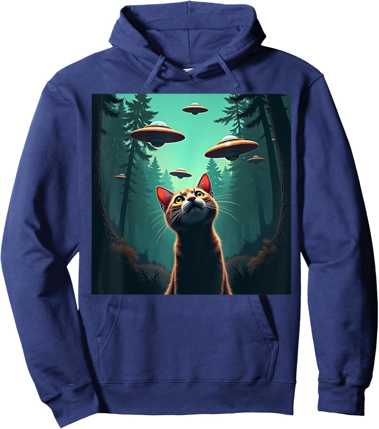 Cute Cat Selfie With UFO Invasion Alien Spaceship Hoodie - Hoodie | Navy