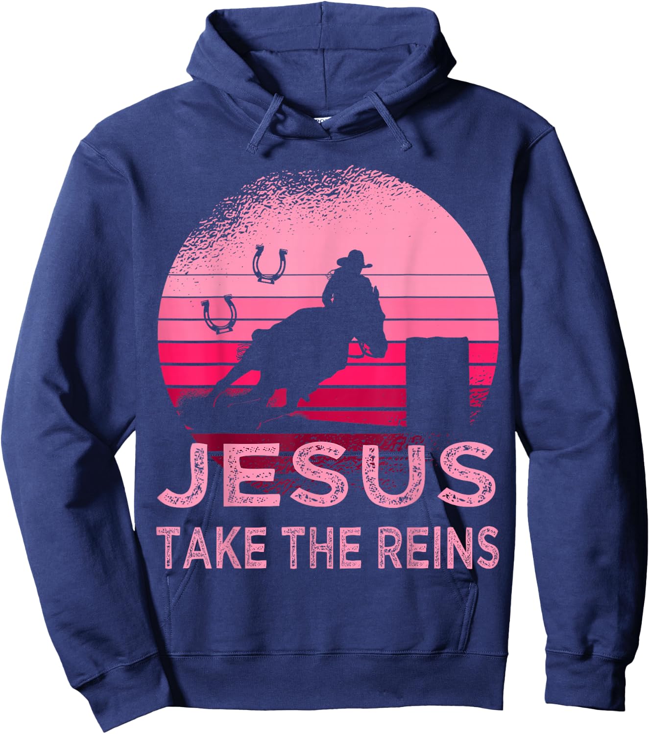 Pink Retro Horse Barrel Racing Jesus Take the Reins Rodeo Hoodie - Hoodie | Navy