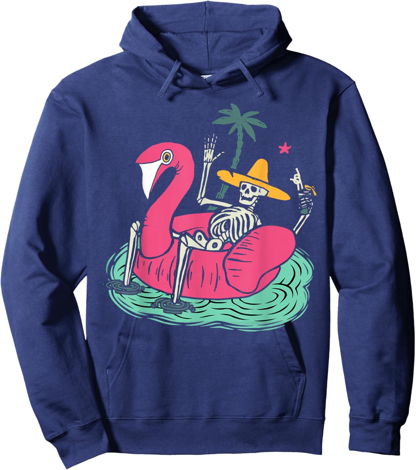 Skeleton Flamingo Float Vacation Beach Drink Retro Halloween Men Women Hoodie - Hoodie | Navy